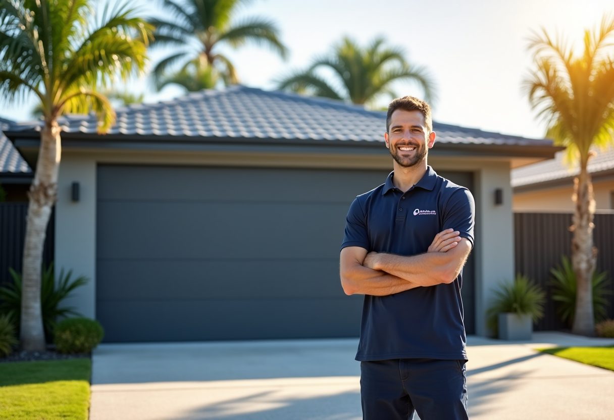 Technician beside a newly installed sectional garage door — Pacific Pines