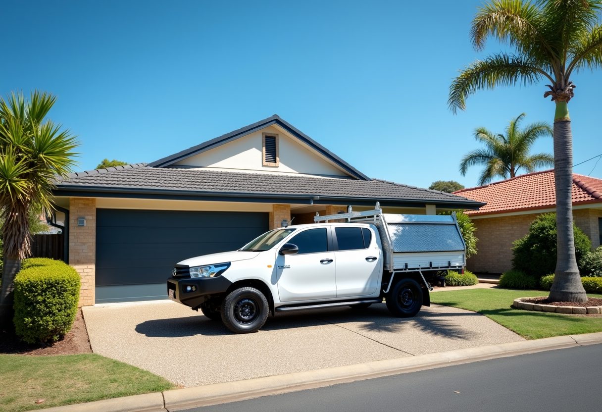 Technician ute in a driveway with a new garage door — Pacific Pines